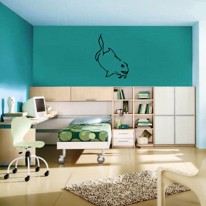 Curly whiskered fish wall decal with blue outline, playful cartoon style