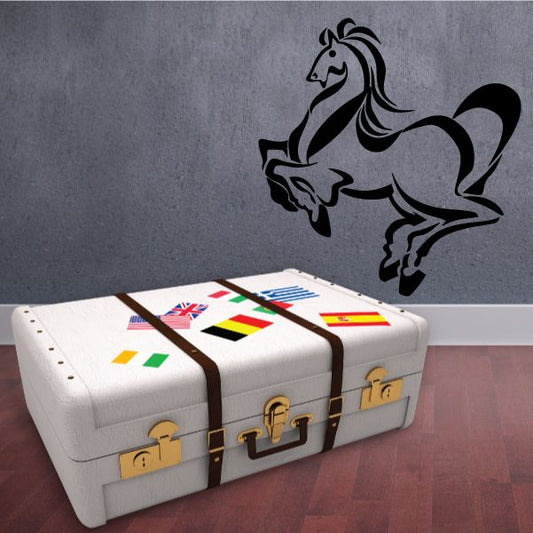 Horse silhouette decal with curved stroke lines, black outline on light wall