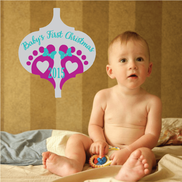Christmas feet ornament sticker with Baby's First Christmas 2015, pink and teal hearts