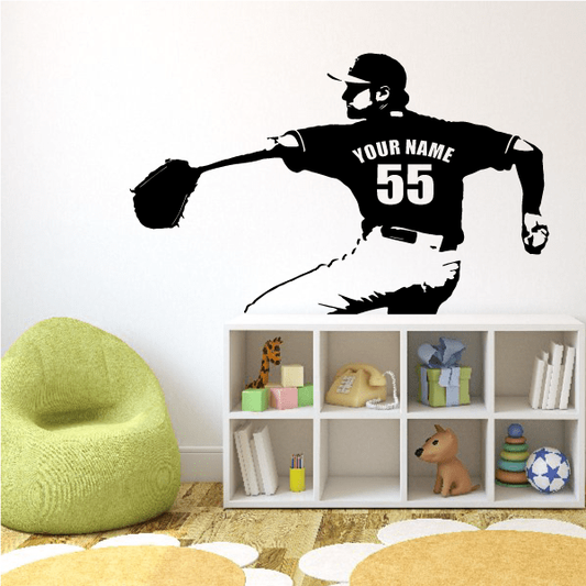 Black baseball pitcher decal with "YOUR NAME" and number 55
