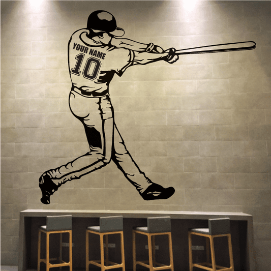 Baseball batter full-body decal with bat, black outline jersey and number 10, name text