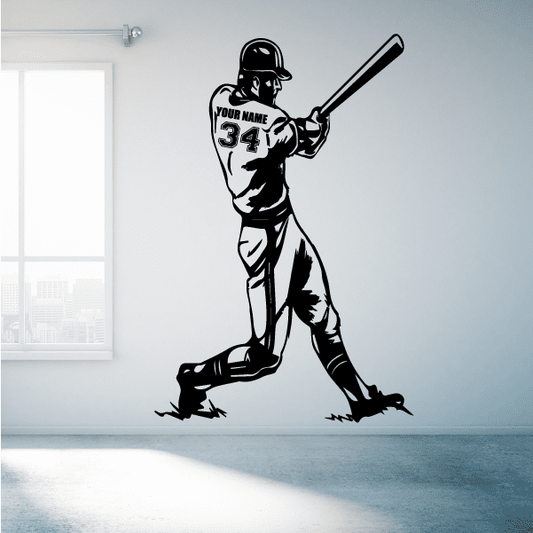 Baseball batter wall decal, black silhouette holding bat, jersey with name and 34