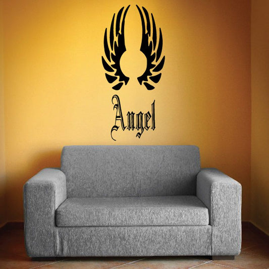 Angel wings vinyl wall decal with cross and Angel text