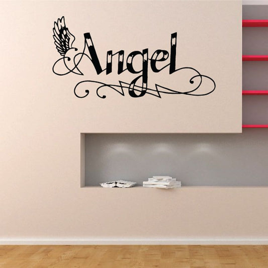 Angel vinyl wall decal with black angel wings and decorative script lettering