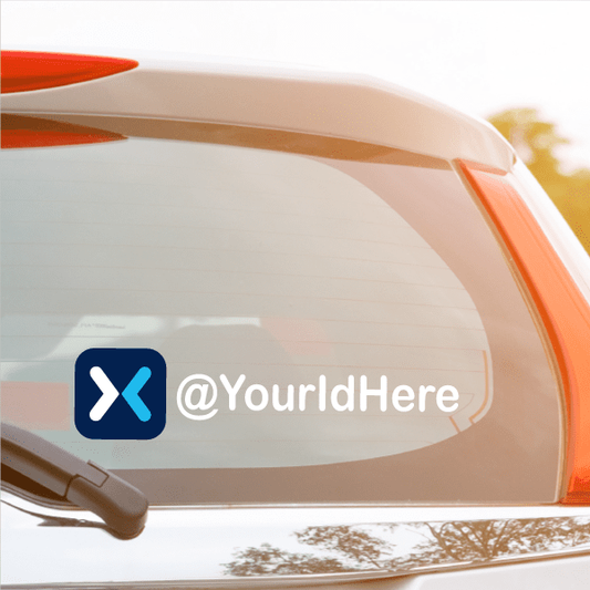 Die-cut decal with blue X icon and @YourIdHere text