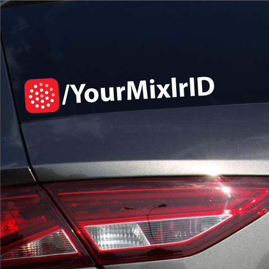 Printed die cut decal with red dotted logo and white “/YourMixrID” text