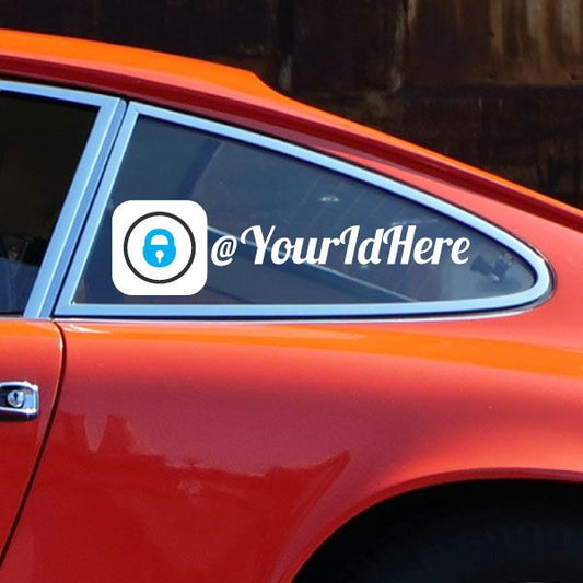 Printed die-cut decal with lock icon and "@YourIdHere" text