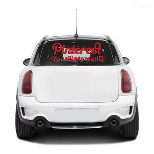 Custom Pinterest decal on rear window, red Pinterest logo and YourPinterestID text