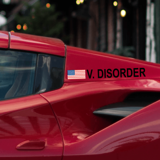 Custom rally name decal 'V Disorder' applied on a red sports car