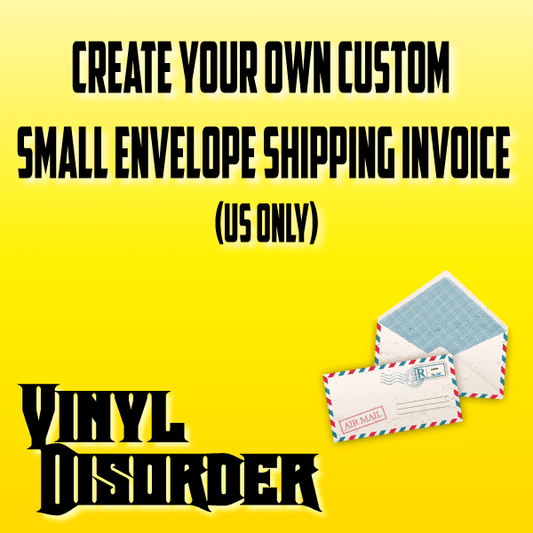 Small shipping invoice envelope with colorful striped pattern and blue label