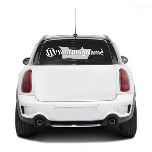 Custom WordPress decal with W logo and YourBlogName text on car rear window