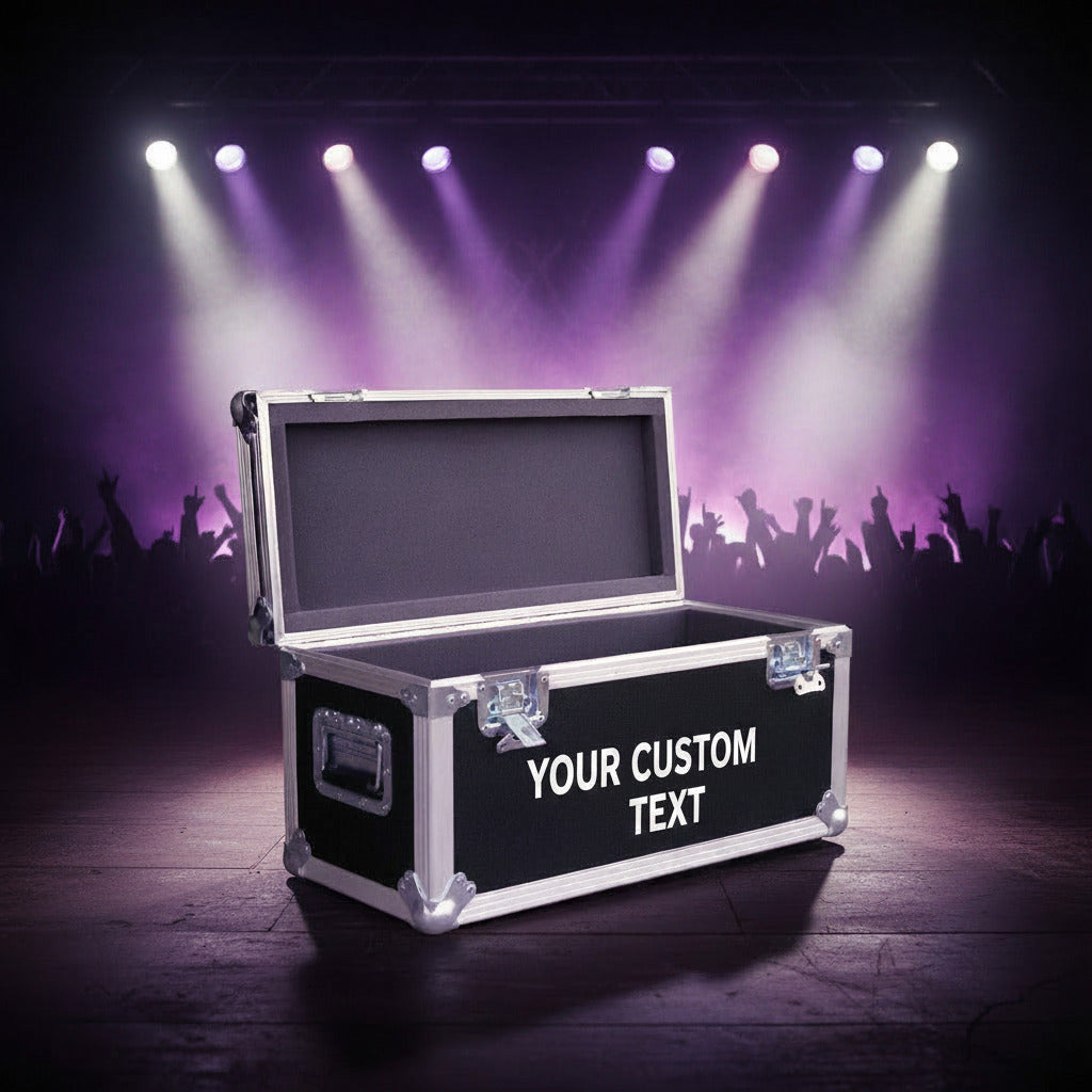 Customizable band equipment flight case with open lid and front text panel