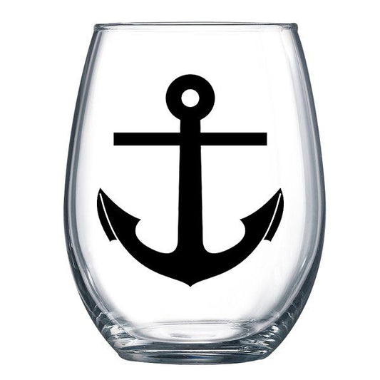 Beer mug with black anchor graphic on clear glass