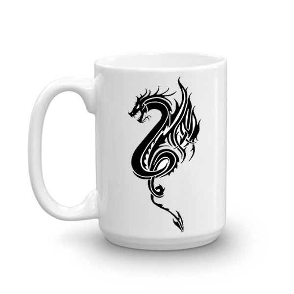 White coffee mug with black dragon artwork