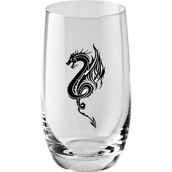 Clear drinking glass with black dragon swirl graphic on front