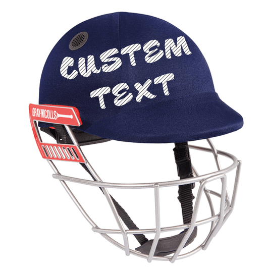Navy baseball helmet with custom white text and black chin strap, silver face mask