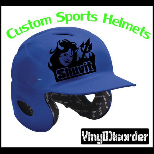 Blue sports helmet with side graphic logo and chin strap