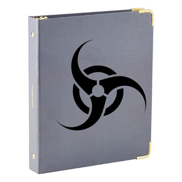 Gray hardback notebook with black biohazard symbol and gold corner hardware