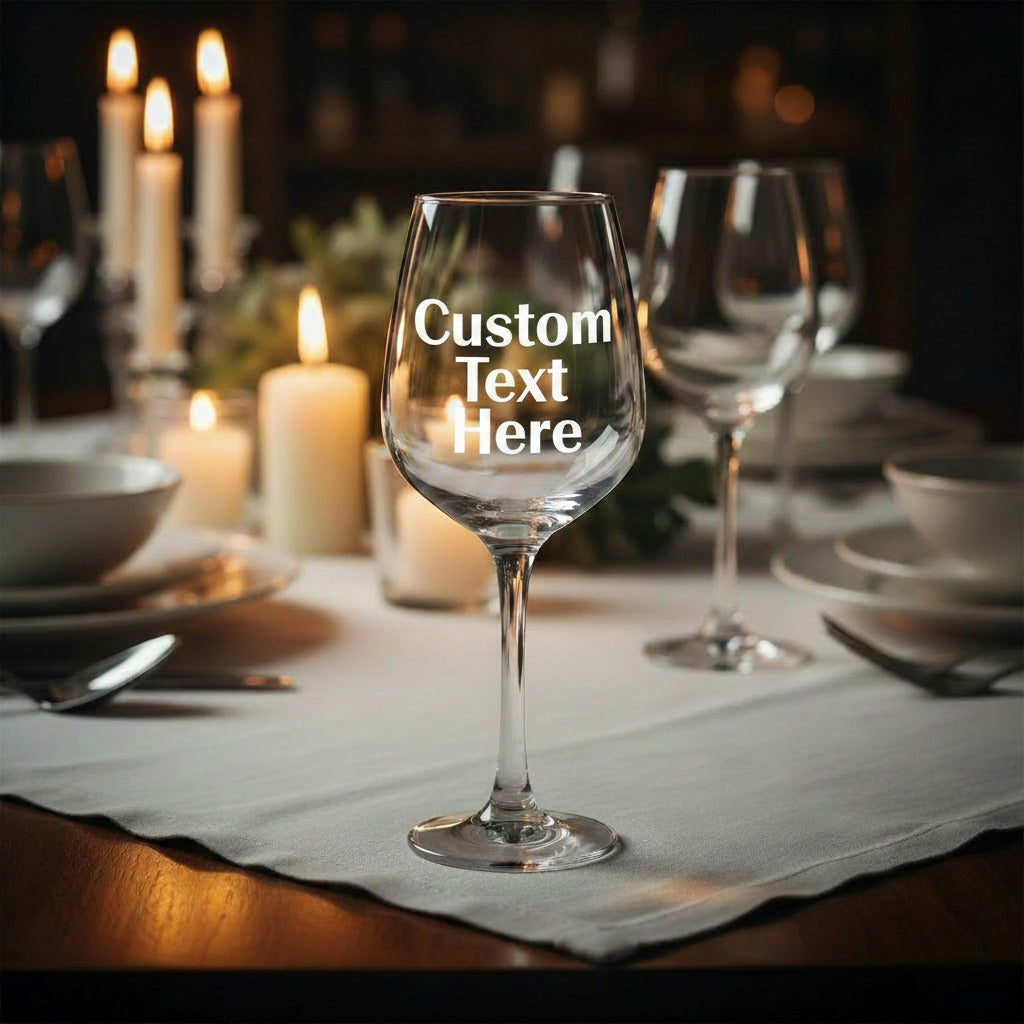 Wine glass with Custom Text Here printed on bowl