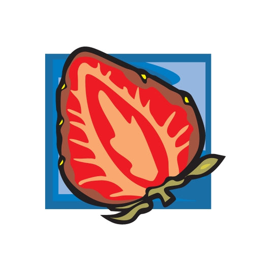 Strawberry sticker with red fruit slices and green leaves