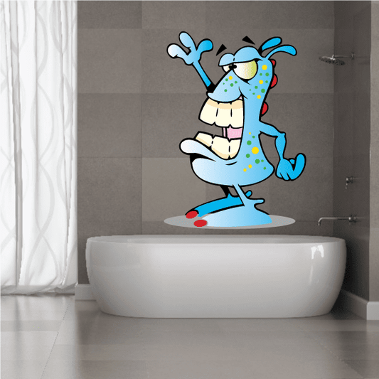 Blue monster sticker with open mouth and raised hand pose