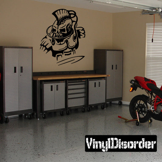Black cyber skull wall decal with cartoon face and flames