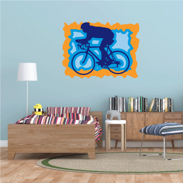 Cyclecross rider sticker with blue cyclist on orange jagged border