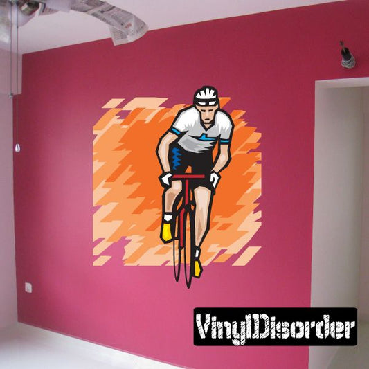 Cyclist wall sticker with orange abstract rays and black bike