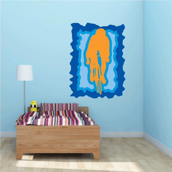 Cyclist riding forward sticker with blue frame and orange figure silhouette