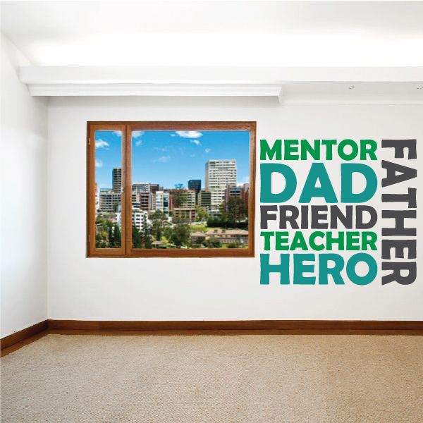 Teal word die-cut decal reading FATHER, DAD, HERO, FRIEND, TEACHER, MENTOR