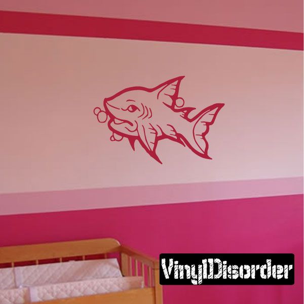 Red outline shark wall decal with cartoon face and fins