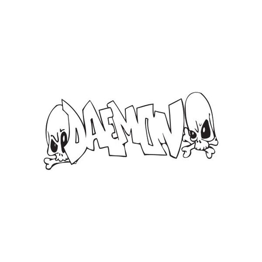 Graffiti-style daemon decal with bold block letters and skull faces, black outline on white.