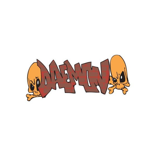 Graffiti demon sticker with orange cartoon characters and dark lettering