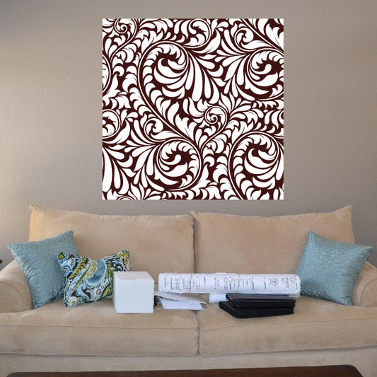 Square damask pattern wall sticker with dark burgundy swirls on white background