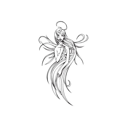 Fairy woman line-art decal with flowing hair and swirl accents