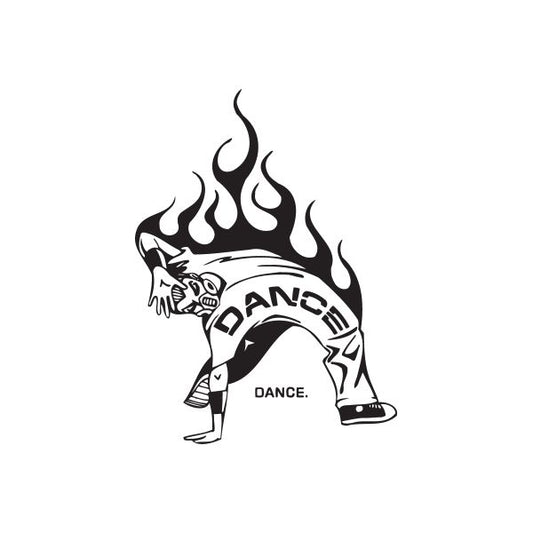 Dance graffiti decal with black-and-white dancer and flame graphics