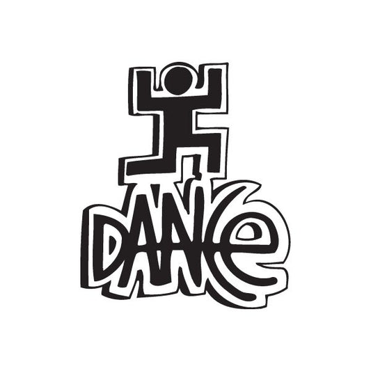 Dance graffiti decal with bold black 'DANCE' lettering and 'LOVE' sign above