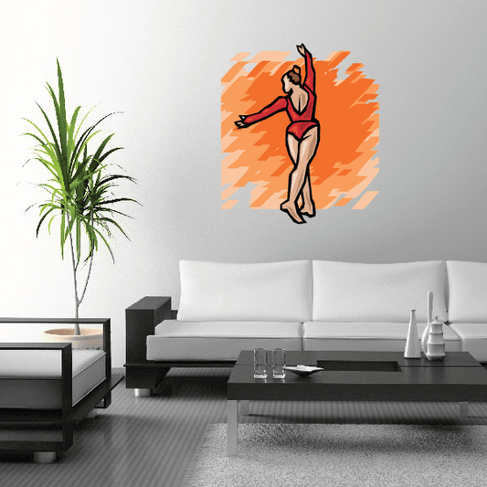 Dance wall decal vinyl sticker of a dancing woman in red and black with orange burst