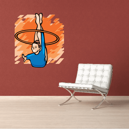 Dance wall sticker: cartoon female dancer in blue, inside orange sunburst halo