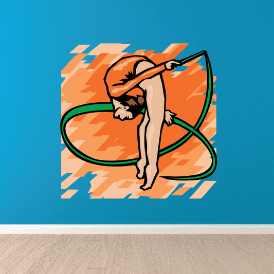 Vinyl dance wall decal of a stylized dancer in orange and black with green ribbon
