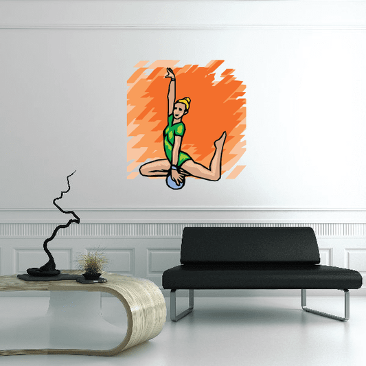 Dance wall decal vinyl sticker: orange burst with female dancer in blue leotard pose