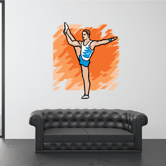 Dance wall decal sticker of a woman dancing in blue leotard with orange burst background