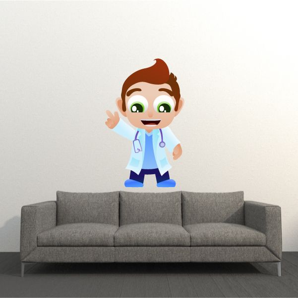 Cartoon doctor sticker with light blue coat, stethoscope, smiling face and green eyes