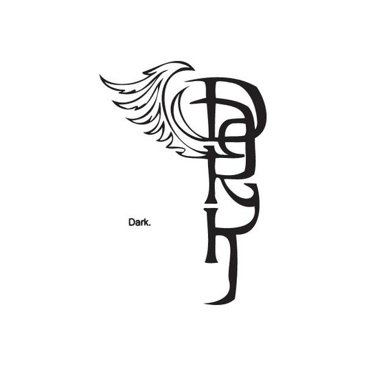 Dark graffiti decal with winged emblem and stylized lettermark