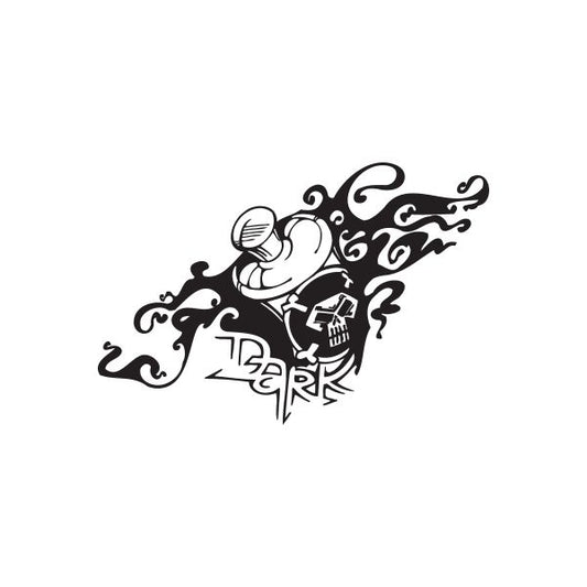 Dark graffiti decal sticker with cartoon figure, microphone, skull, and swirling lines