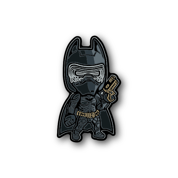 Vinyl sticker of a dark armored cat holding a guitar