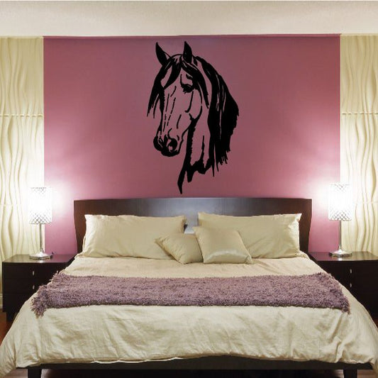 Black long-haired horse head wall decal with pink muzzle and mane, silhouette style