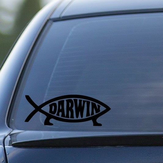 Darwin fish decal sticker, black fish with “DARWIN” across body.