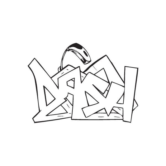 Graffiti-style dash decal with bold black abstract letter shapes
