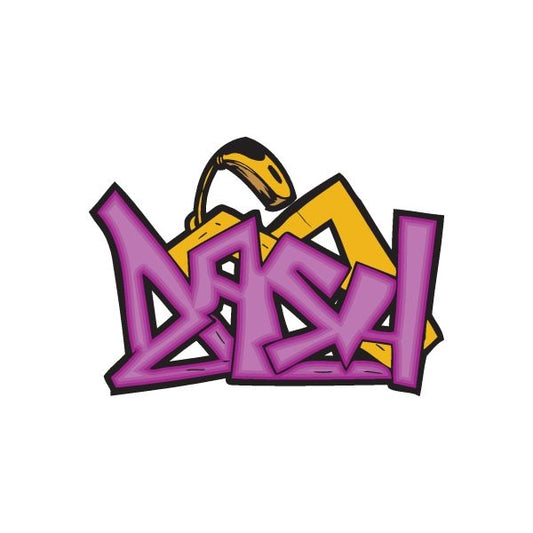 Graffiti-style printed decal with purple and yellow lettering on a white backing